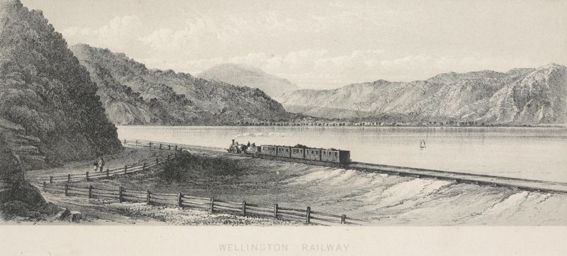 Engraving by Charles Decimus Barraud depicting Wellington Railway with hills