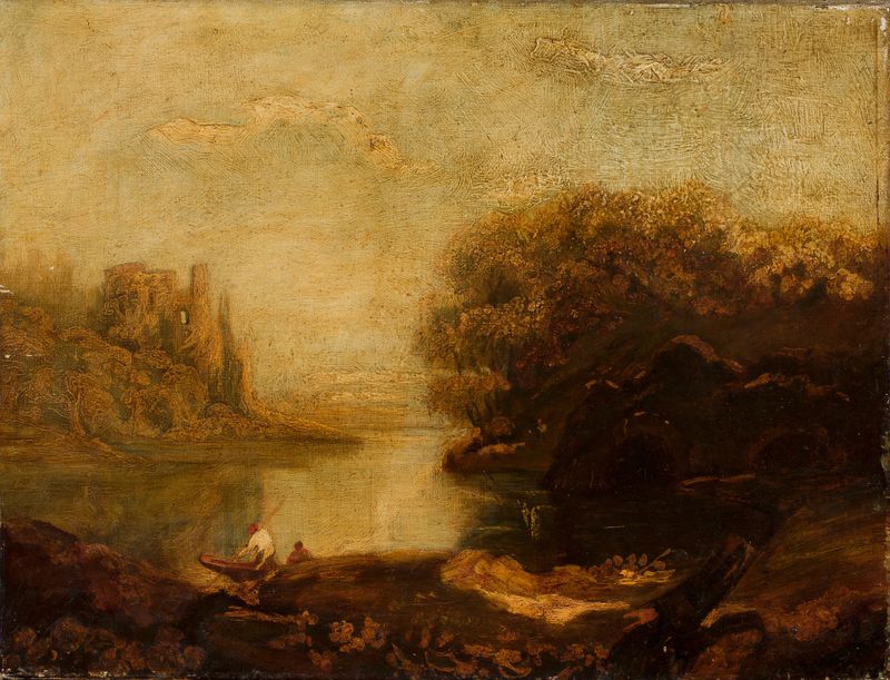 Waterside landscape with ruins, oil painting by Marie Ibsen Jensen