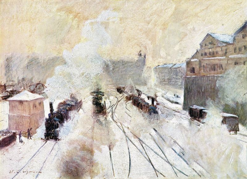 Münchener Frühling de Wilhelm Ludwig Lehmann, óleo sobre lienzo que representa un paisaje primaveral sereno con figuras.