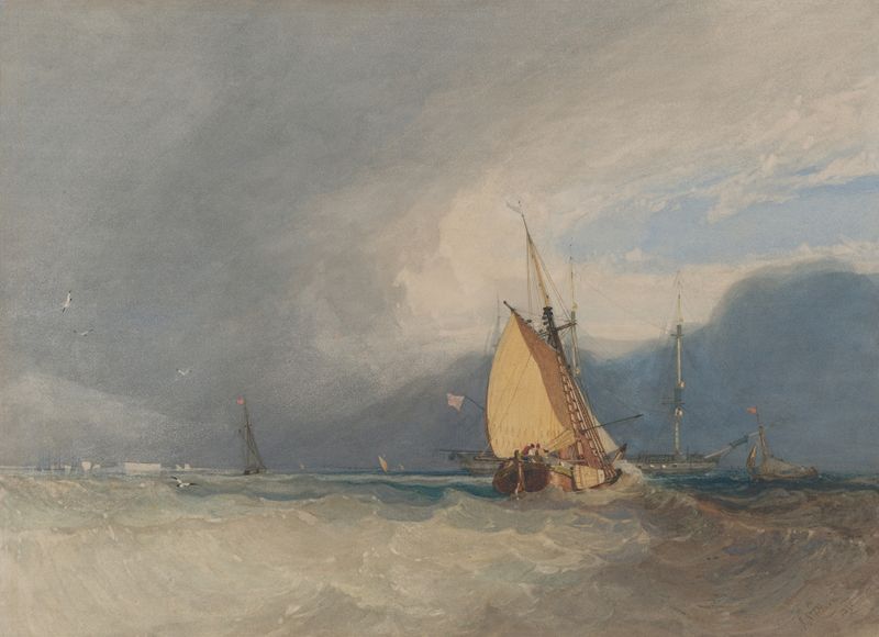 Boats off the Coast, Storm Approaching de John Sell Cotman, óleo que muestra barcos en un océano tormentoso