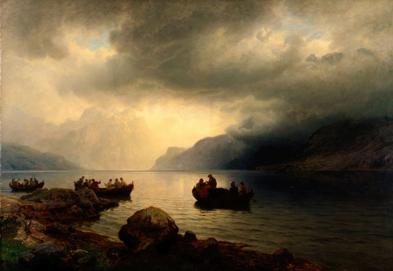 Funeral Procession on the Sogne Fjord by Hans Gude, oil painting depicting a somber procession on a misty fjord.