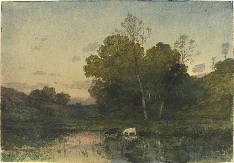 Evening Light on a Wooded Lakeside with Cattle Drinking, óleo sobre lienzo de Henri-Joseph Harpignies
