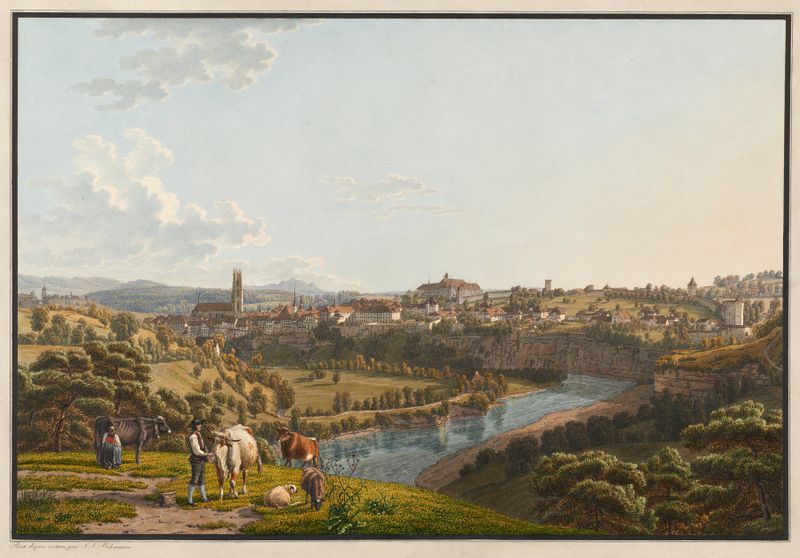 Fribourg, von Norden de Johann Jakob Biedermann, óleo sobre lienzo que muestra un paisaje sereno con un río y un pueblo.