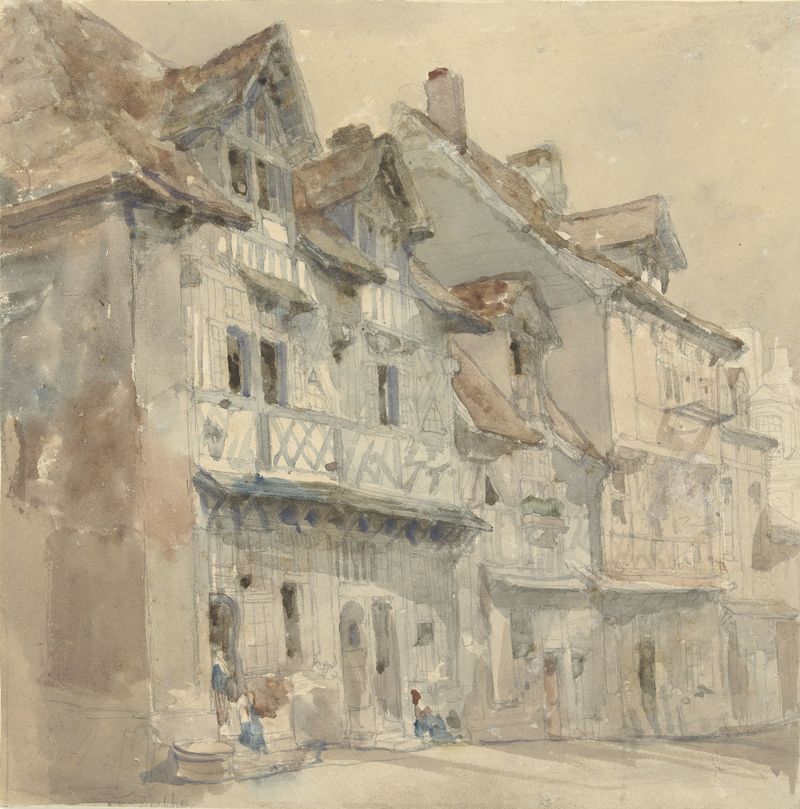 Huizen in Dieppe de David Roberts, óleo sobre lienzo que muestra edificios serenos con luz y sombra.