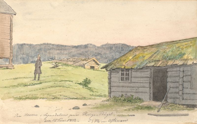 Landskab med bondegårde de Martinus Rørbye, pintura al óleo que representa un paisaje sereno con granjas.
