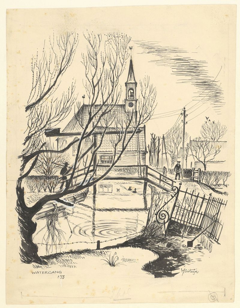 Paisaje con una iglesia y campos, pintura al óleo de Maarten Oortwijn