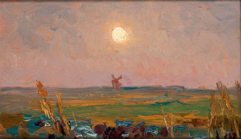 Representación abstracta del sol en colores vibrantes de Jan Stanisławski, pintura al óleo