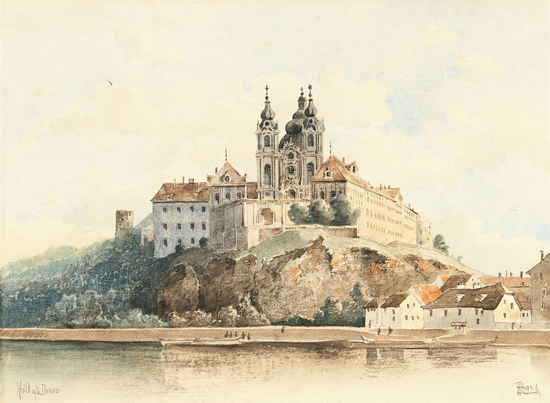 Melk Abbey en el Danubio, óleo sobre lienzo de Vincenz Hawlicek