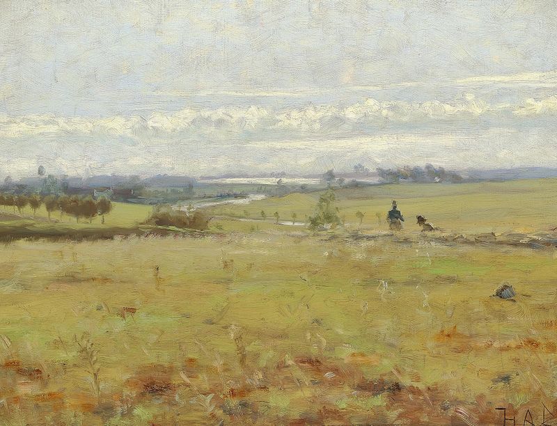 Landscape at dawn with mist and soft hues, oil painting by Hans Andersen Brendekilde