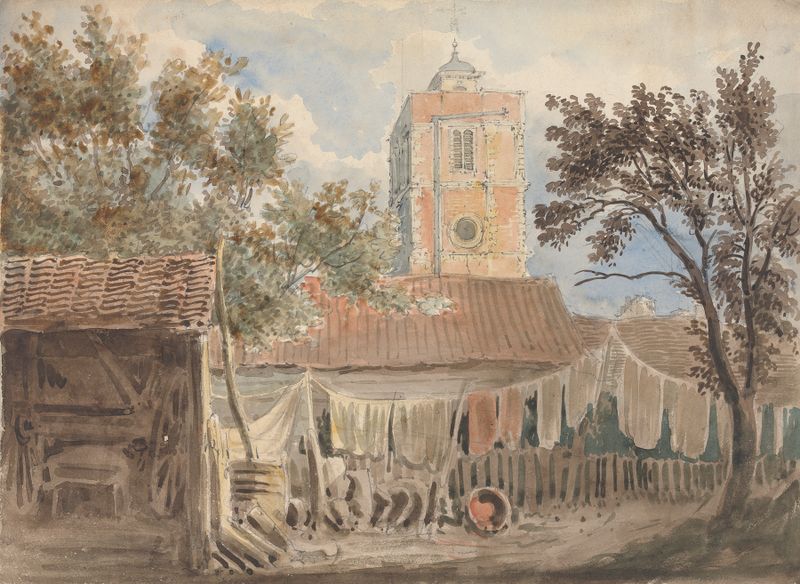 Wandshorst Church Surrey by George Sidney Shepherd, oil on canvas depicting a ruined church in a deserted landscape.