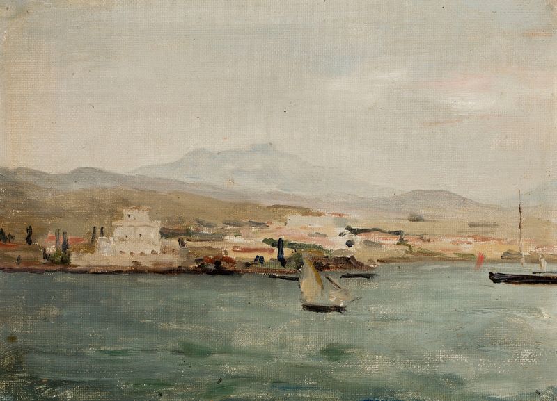 Escena marina con barcos mercantes al atardecer, óleo sobre lienzo de Jan Ciągliński