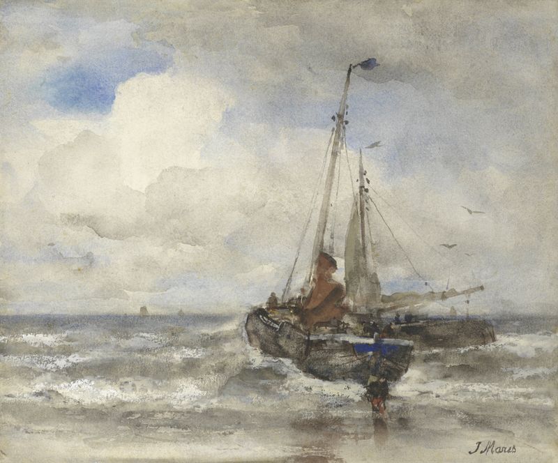 Two fishing boats on the beach, oil on canvas by Jacob Maris