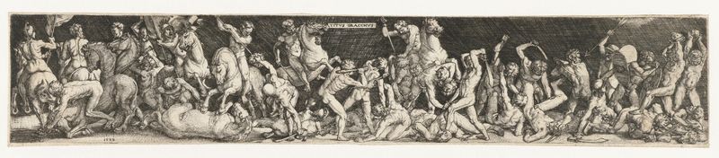 Grabado de Barthel Beham que muestra una escena de batalla histórica con figuras emocionales.