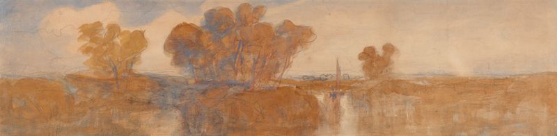 Watercolour by John Joseph Cotman depicting Norwich with hills and clouds.