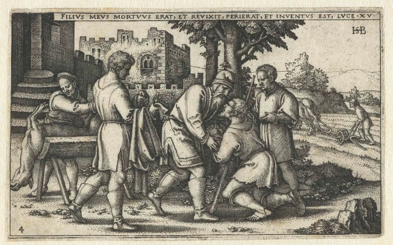 Gravura de Hans Sebald Beham mostrando um pai abraçando seu filho em luz quente.
