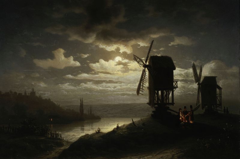Paisagem noturna com moinhos de vento de Józef Marszewski, pintura a óleo que retrata uma cena noturna com uma lua crescente.