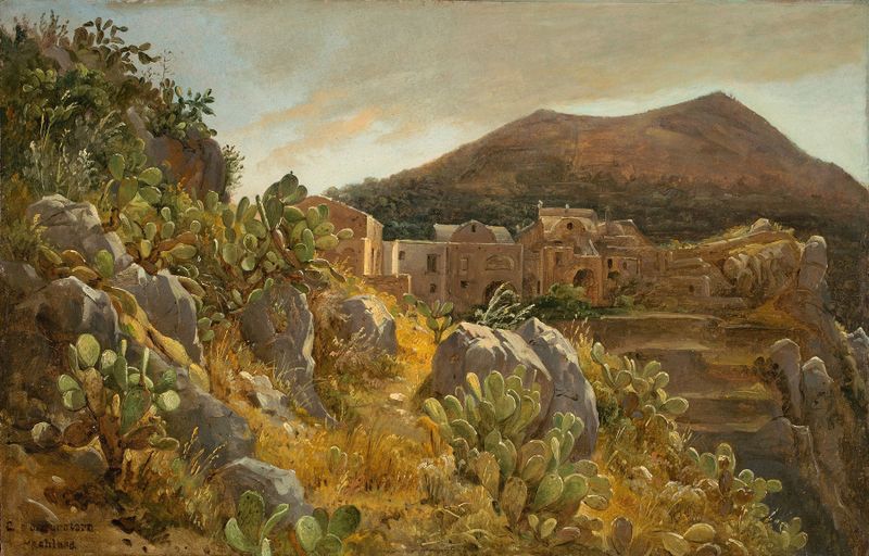 Opuntienhügel auf Capri de Carl Morgenstern, pintura al óleo que muestra cactus y colinas suaves.