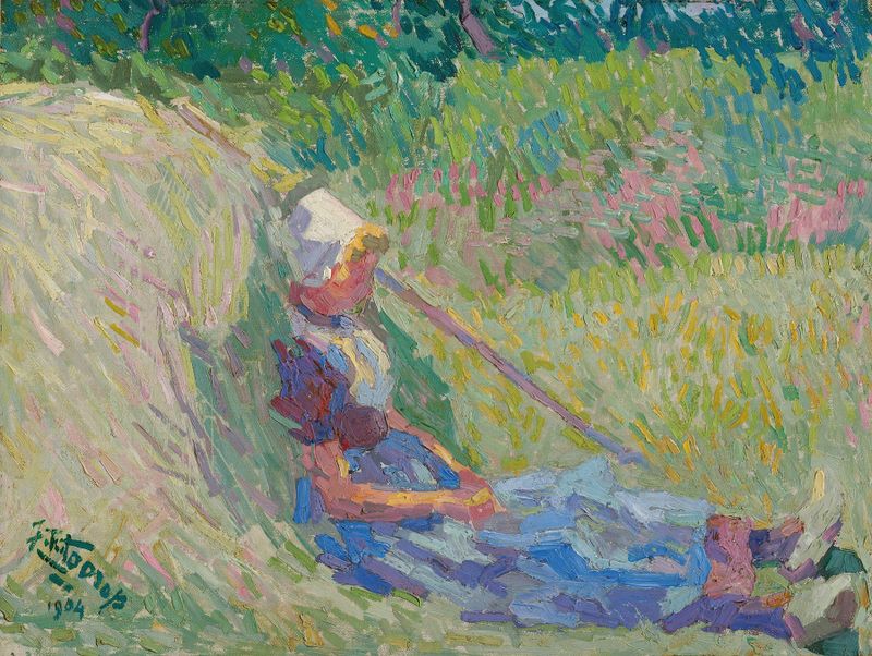 Girl resting against a haystack, oil on canvas by Jan Toorop