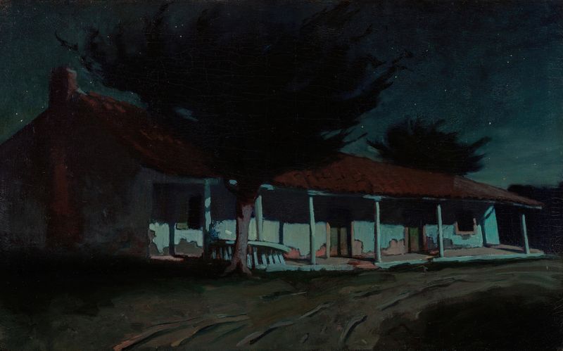 Pintura figurativa al óleo de Charles Rollo Peters que muestra figuras sombrías con expresiones emocionales.