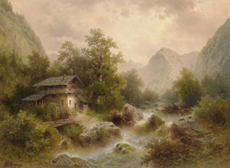 Paisaje luminoso de Mühle am Gebirgsbach de Albert Rieger, pintura al óleo que representa un arroyo y montañas.