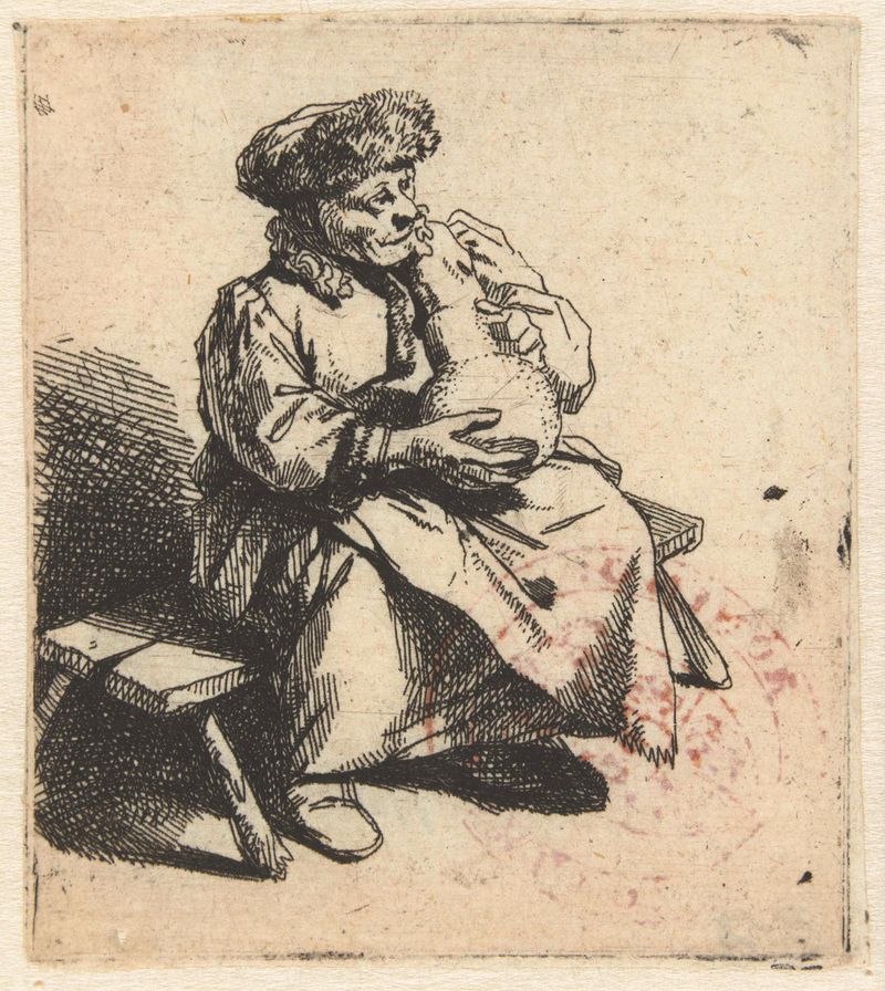 Interior scene with a woman holding a jug, etching by Cornelis Pietersz. Bega