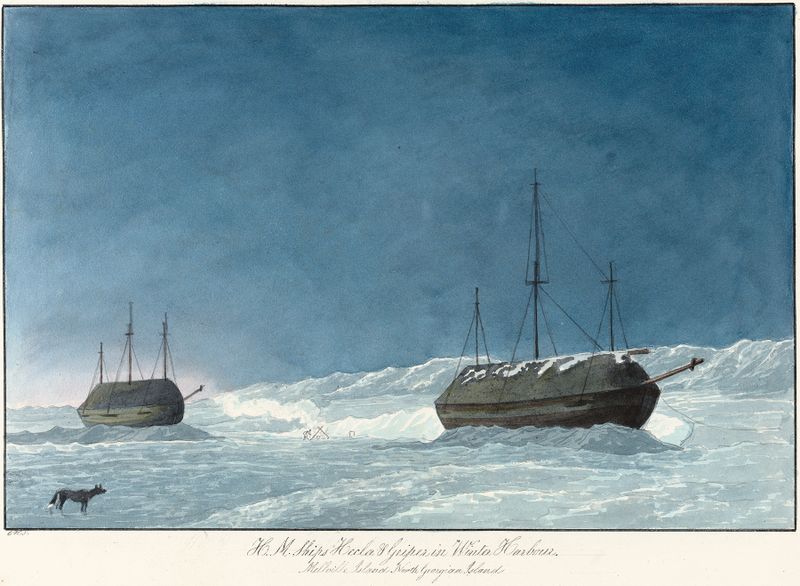 H. M. Ships Hecla and Griper in Winter Harbour by Charles Hamilton Smith, oil painting of ships in icy waters.
