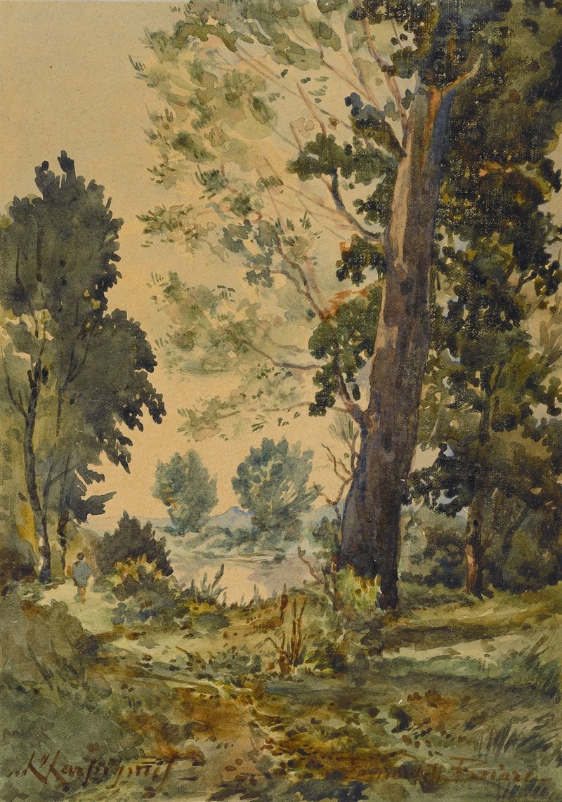 Paisagem ao crepúsculo com árvores em silhueta contra o céu, pintura a óleo de Henri-Joseph Harpignies