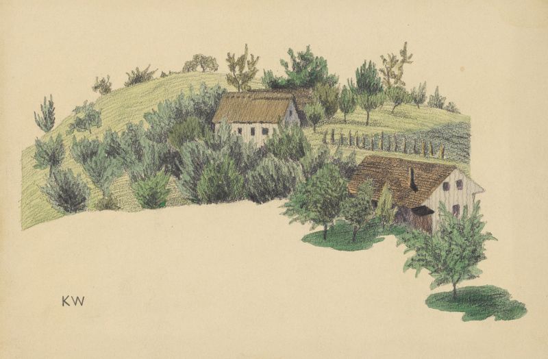 Paisaje de Karl Wiener que muestra casas rurales en colinas, medio desconocido.