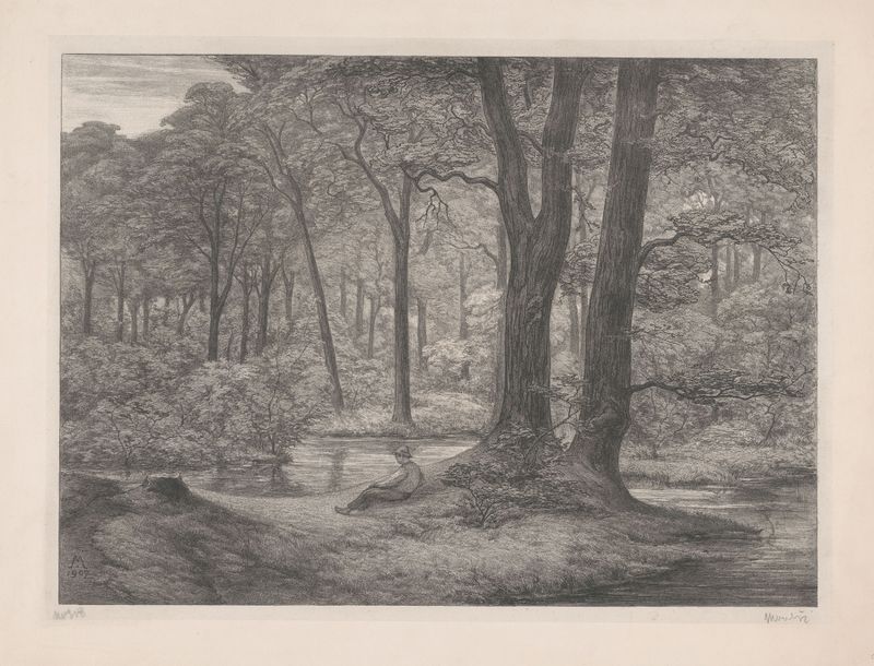 Bos met vijver en liggende man, óleo sobre lienzo de Simon Moulijn, que representa un paisaje sereno con un estanque.