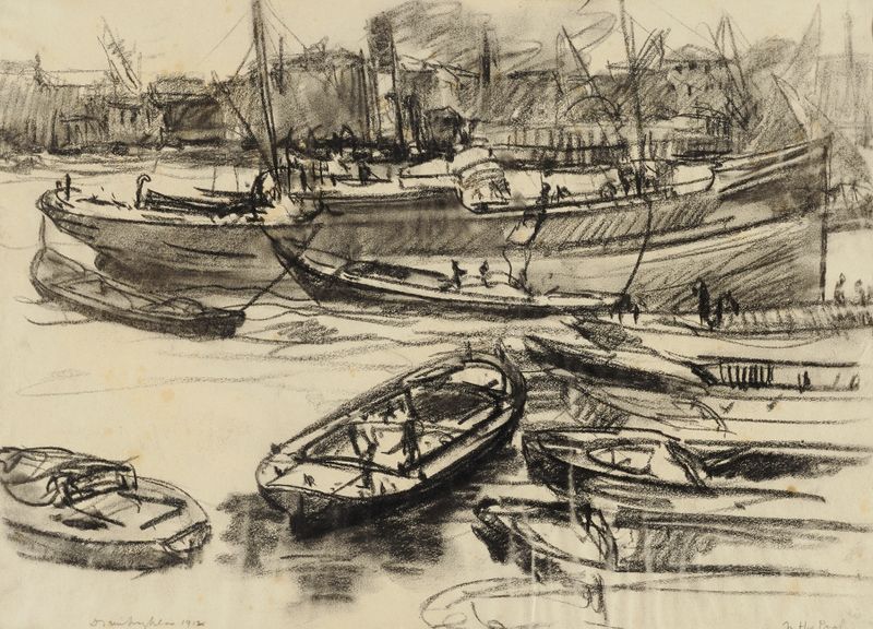 London in the Pool de Donald Shaw MacLaughlan, óleo sobre tela representando água e horizonte.