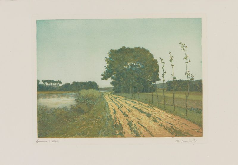 La route abandonnée, oil on canvas by Charles-Louis Houdard, depicting a weathered road in muted earth tones.