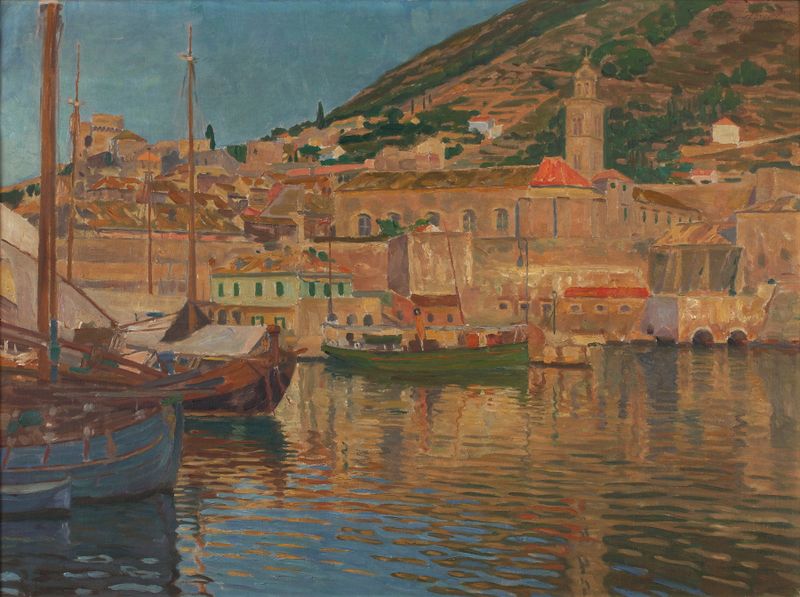 Hafenpartie bei Ragusa de Anton Nowak, impressionismo, retratando um porto com marinheiros e reflexos na água.