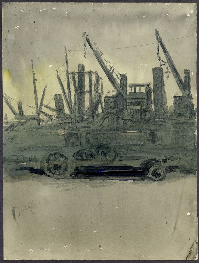 Havenkranen, schip en natiewagen de Alfred Ost, óleo sobre lienzo que muestra grúas y un barco en un puerto.