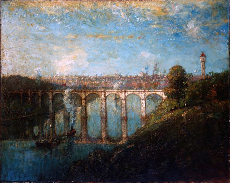 High Bridge, New York by Henry Ward Ranger, oil on canvas depicting a sunset over a river.