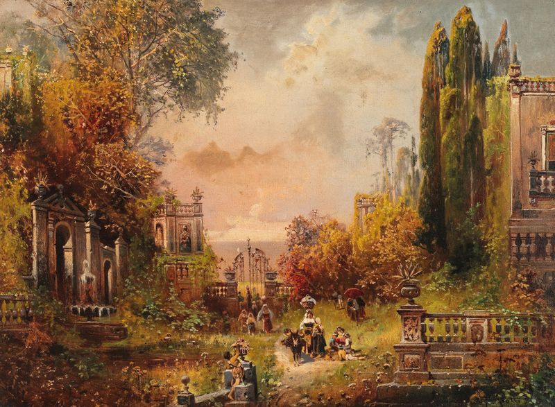 Paisagem de parque do sul com figuras, óleo sobre tela de Robert Alott