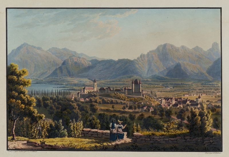 Landscape oil painting by David Alois Schmid depicting Niesen and Stokhorn mountains with vibrant colors.
