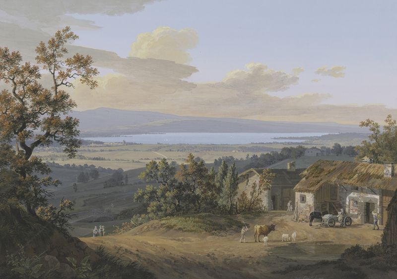 Vue du Lac de Genève, pintura a óleo de Jean-Antoine Linck, retratando uma paisagem serena do Lago de Genebra.