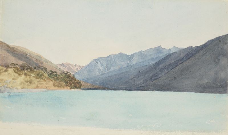 Cena de lago com montanhas e reflexos, pintura a óleo de James Crowe Richmond