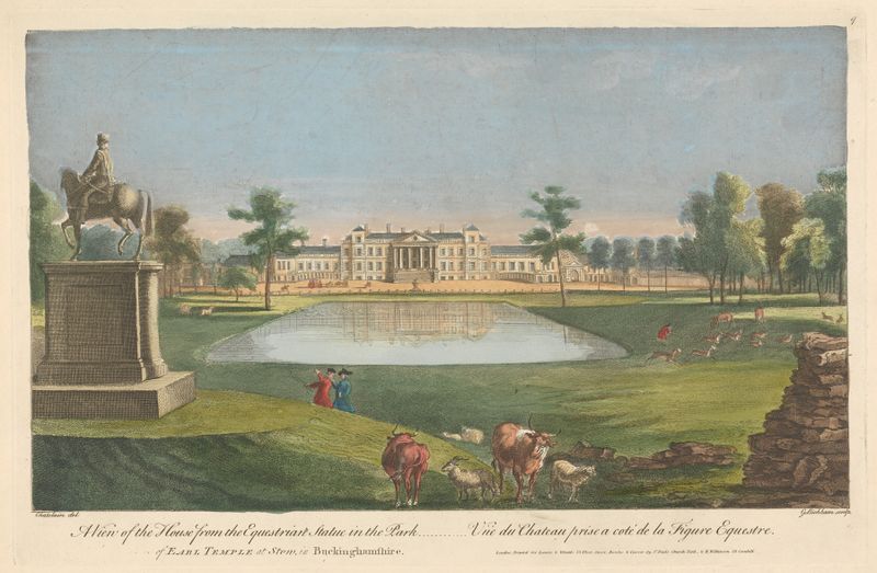 Engraving by George Bickham the Elder depicting a house in a park with golden light.
