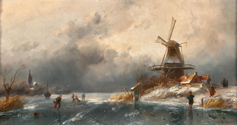 A winter landscape with ice skaters, oil painting by Charles Leickert