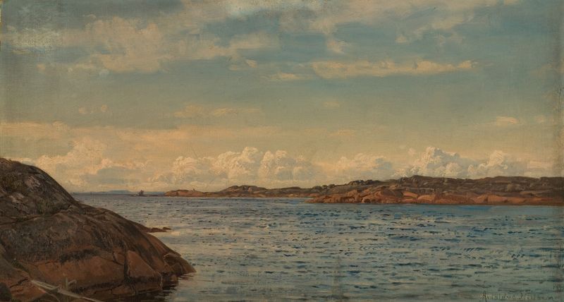 Godvær, Hvaler de Amaldus Nielsen, óleo sobre lienzo, que representa un paisaje con agua y un cielo sombrío.