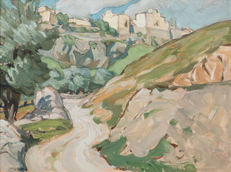 Pintura a óleo de paisagem de Anna Boberg com um caminho sinuoso e tons terrosos.