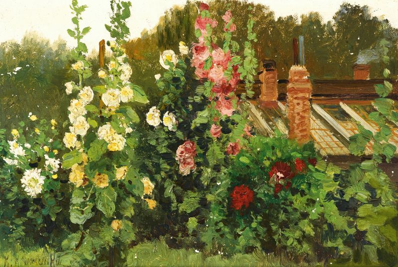 Malvas de Konstantin Yakovlevich Kryzhitsky, pintura al óleo que muestra flores vibrantes.