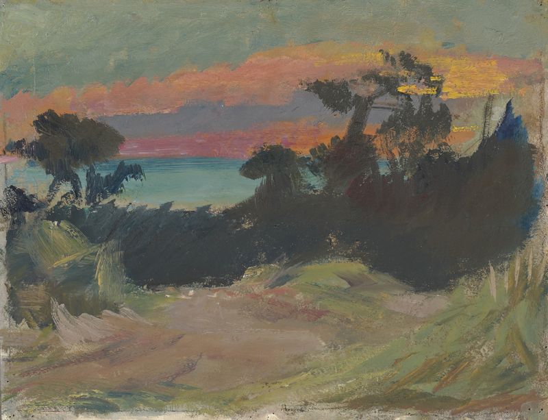 Sunset by Arno König, a romantic landscape painting with warm hues and dark silhouettes.