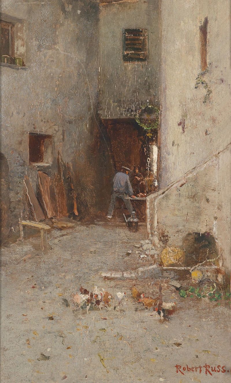Paisagem com tons suaves e sombras, pintura a óleo de Robert Russ