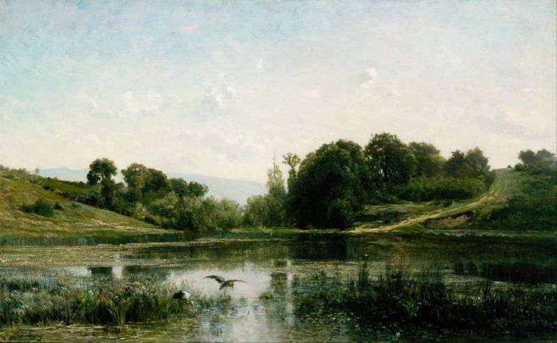 Paisagem com um lago sereno, árvores e um céu suave, óleo de Charles François Daubigny