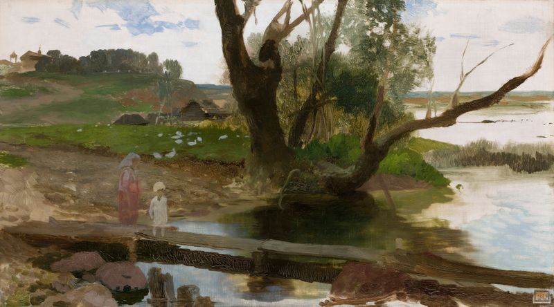 View of the Świsłocz River by Henryk Siemiradzki, oil painting depicting a serene river landscape.