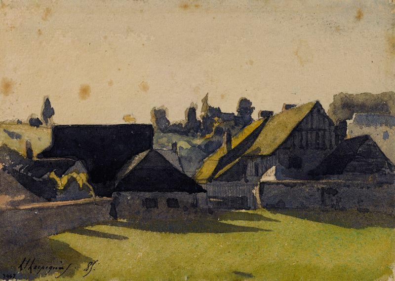 Vue d’un village, óleo sobre tela de Henri-Joseph Harpignies retratando uma aldeia ao pôr do sol.