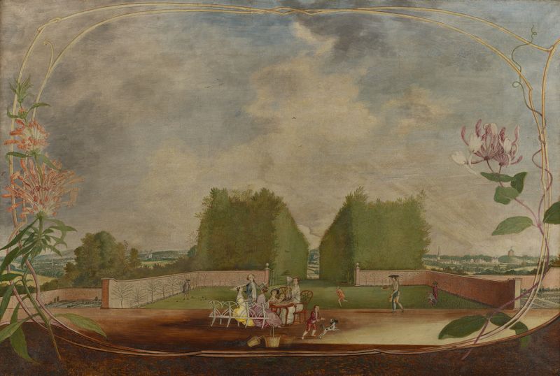 Cena de gênero rococó representando uma festa de piquenique em um jardim por Thomas Robins o mais velho