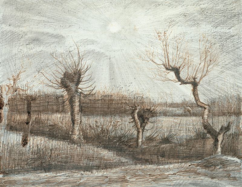 Tetards (Pollards) de Vincent van Gogh, óleo que muestra álamos en un paisaje sereno.